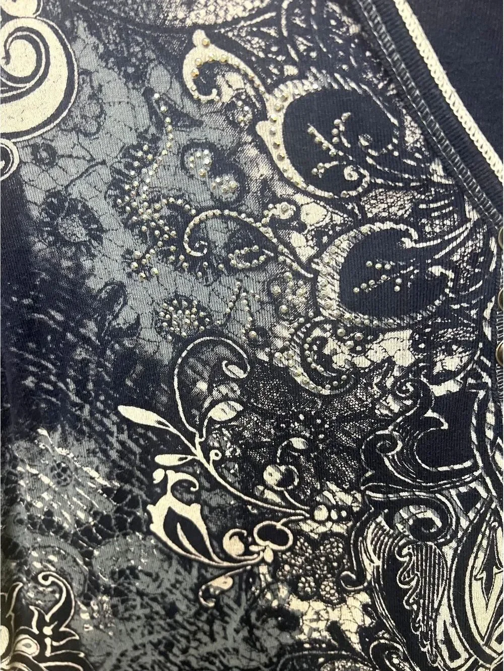 Blue Canyon Y2K Rhinestone Embellished Scroll Print Top XL Navy Gray Stretch